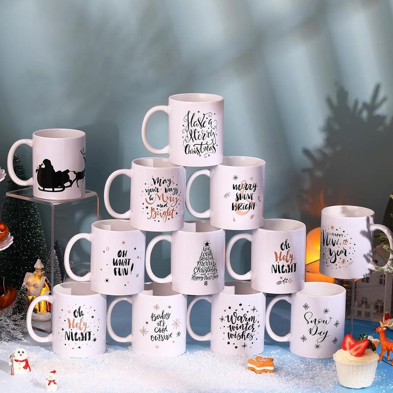 Uiifan Set of 12 Christmas Coffee Mugs 12 oz Ceramic Mugs Bulk Holiday White Coffee Mugs with Handle Decorative Christmas Gift for Family Friend Present Party Supplies 12 StylesElk - Image 2