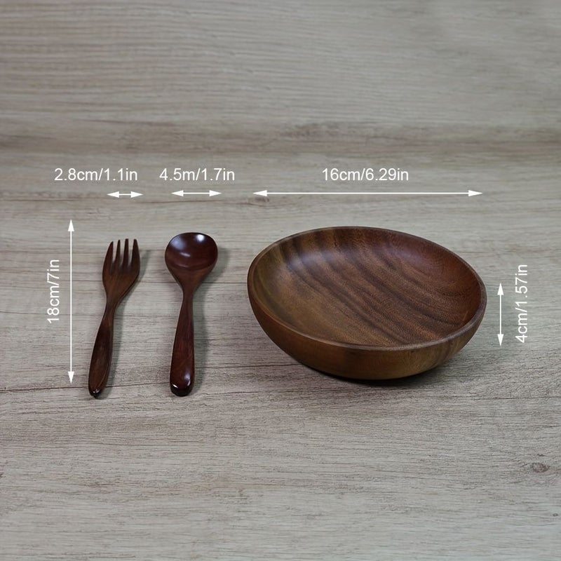 6.3 Inch Acacia Wood Dinner Plate Set With Spoon And Fork Vintage Style - Image 3