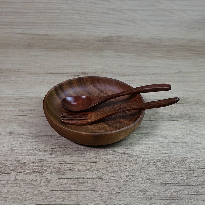 6.3 Inch Acacia Wood Dinner Plate Set With Spoon And Fork Vintage Style - Image 1