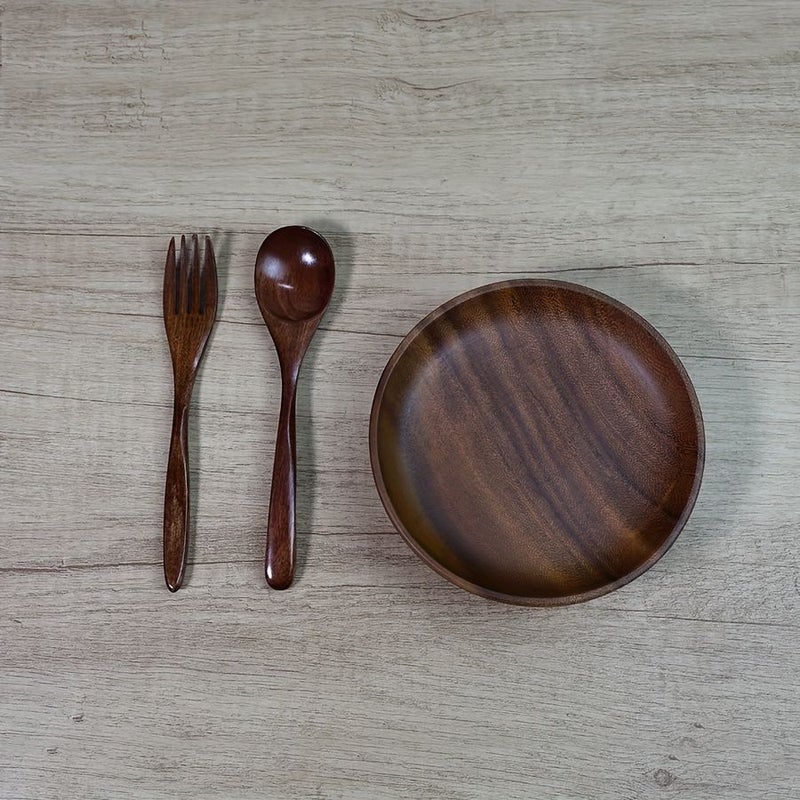 6.3 Inch Acacia Wood Dinner Plate Set With Spoon And Fork Vintage Style - Image 4
