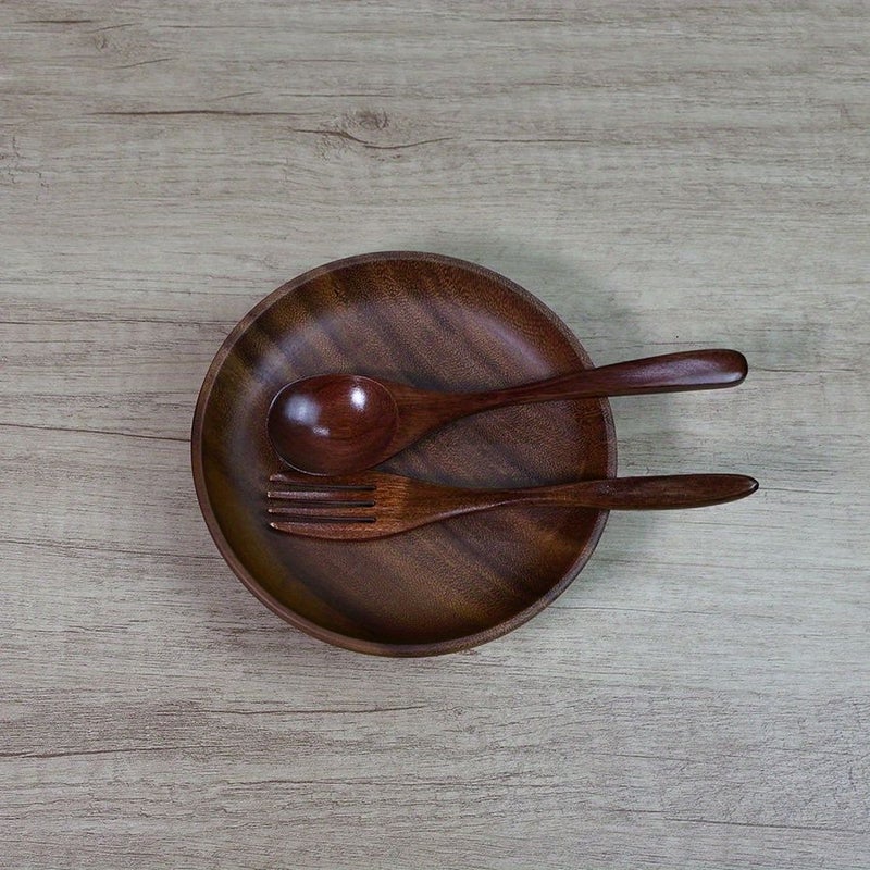 6.3 Inch Acacia Wood Dinner Plate Set With Spoon And Fork Vintage Style - Image 5