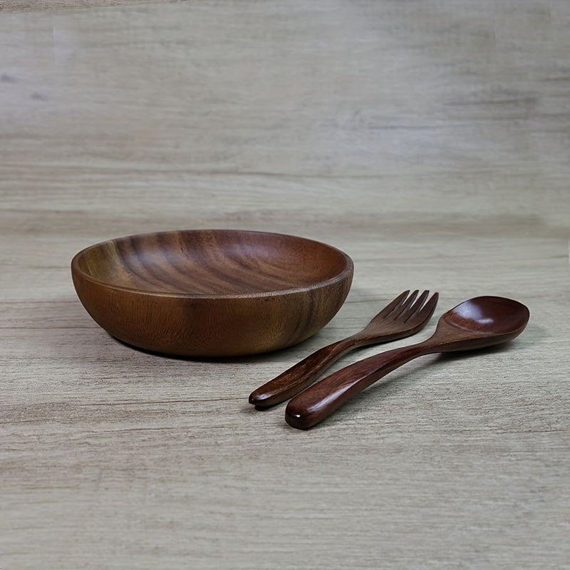 6.3 Inch Acacia Wood Dinner Plate Set With Spoon And Fork Vintage Style - Image 2