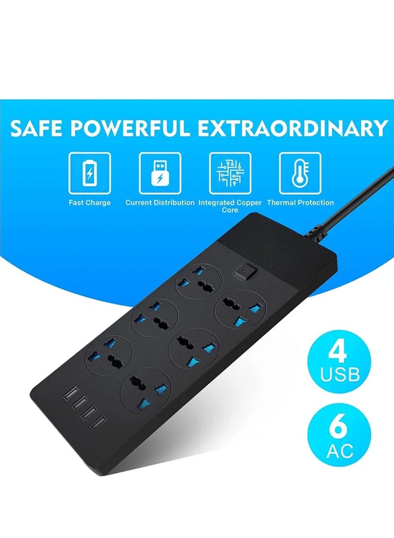 Rock Pow Power Strips Extension Cord 6 Sockets Universal Plug Adapter with 4 USB Ports Surge Protector Charging Socket with 2M Bold Extension Cord - Image 2
