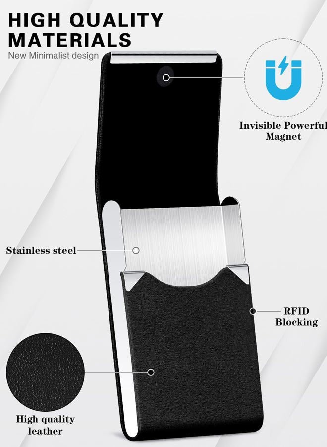 Padike Professional Business Card Holder PU Leather Business Card Case Name Card Holder Slim Metal Pocket Card Holder with Magnetic Shut (Y-Black) - Image 2