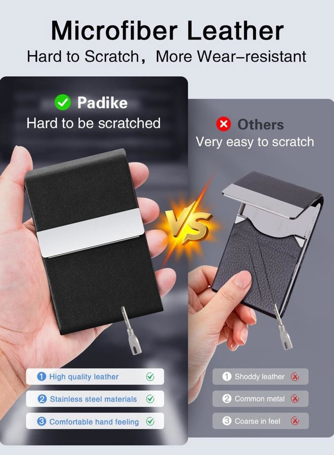 Padike Professional Business Card Holder PU Leather Business Card Case Name Card Holder Slim Metal Pocket Card Holder with Magnetic Shut (Y-Black) - Image 3