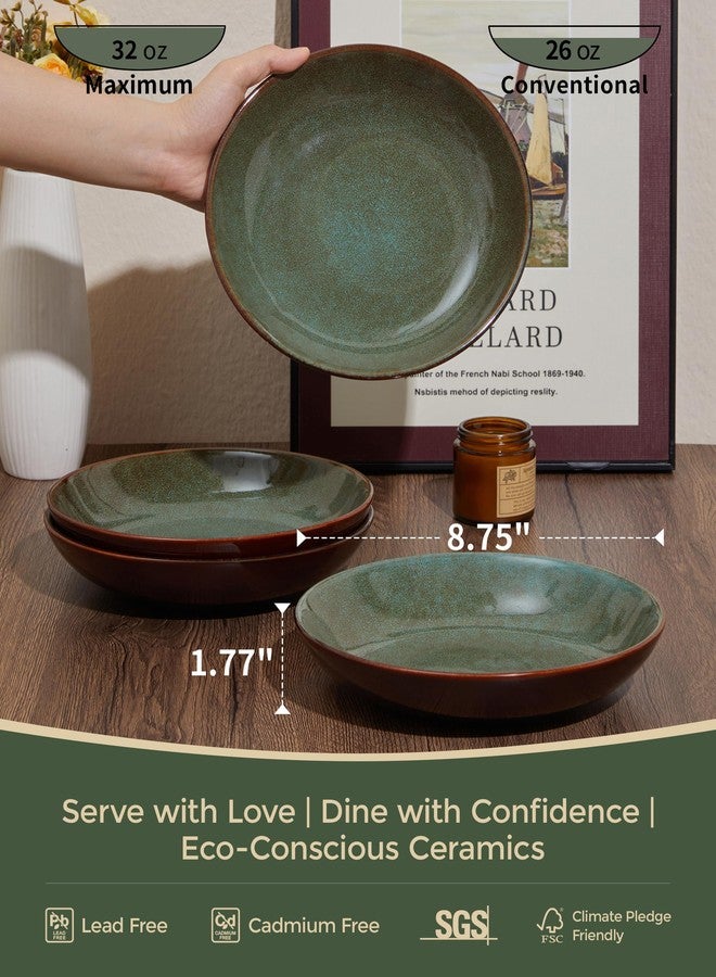 Pokini 8.75 Inch Large Ceramic Pasta Bowls, 32 Oz Reactive Glaze Stoneware Pasta Serving Bowls Set of 4 for Kitchen, Wide Bowls for Fruit,Pasta,Salad,Soup, Scratch Resistant-Brown and Green - Image 2