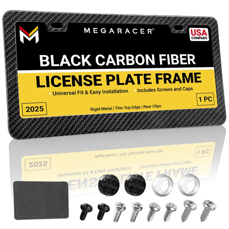 Premium Carbon Fiber Design License Plate Frame 1 Pack RustFree Stainless Steel RattleFree Universal with Screw Caps SlimTop WideBottom Thin Rigid Metal Car Tag Holder Front Or Rear