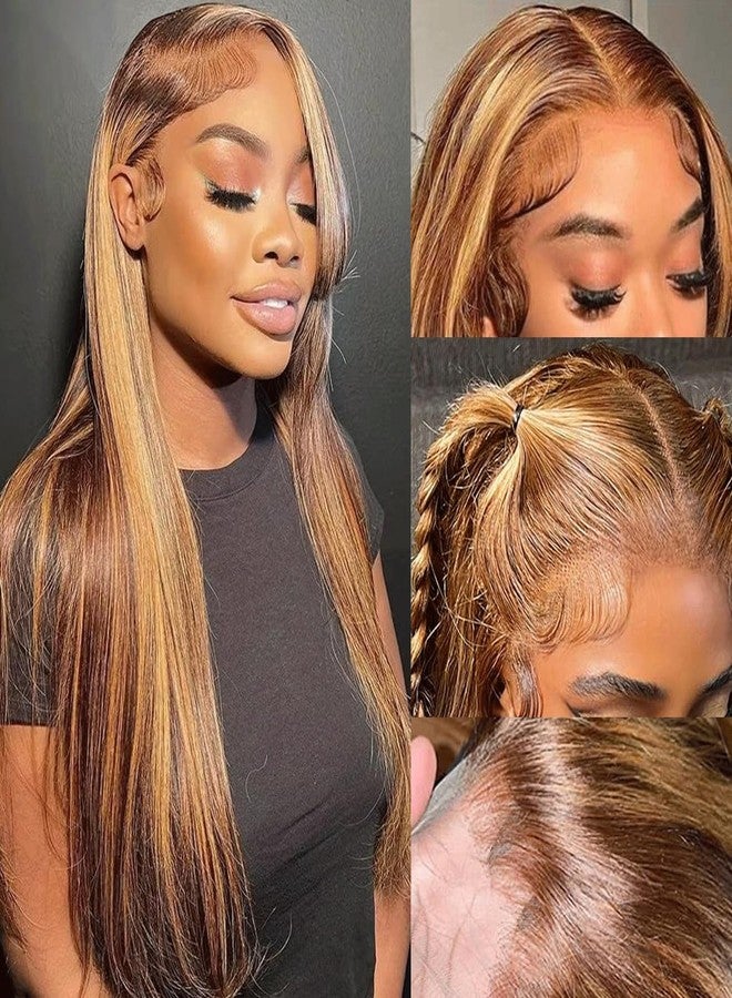LETMIEO 22 inch Ombre Lace Front Wig Human Hair 13x6 HD Straight Highlight Wig Human Hair 180% Density 4/27 Colored Honey Blonde Lace Frontal Wigs For Women Glueless Pre Plucked with Baby Hair - Image 1