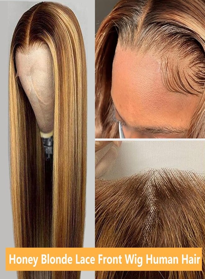 LETMIEO 22 inch Ombre Lace Front Wig Human Hair 13x6 HD Straight Highlight Wig Human Hair 180% Density 4/27 Colored Honey Blonde Lace Frontal Wigs For Women Glueless Pre Plucked with Baby Hair - Image 3