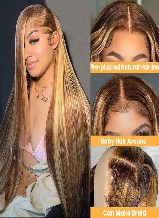 LETMIEO 22 inch Ombre Lace Front Wig Human Hair 13x6 HD Straight Highlight Wig Human Hair 180% Density 4/27 Colored Honey Blonde Lace Frontal Wigs For Women Glueless Pre Plucked with Baby Hair - Image 2