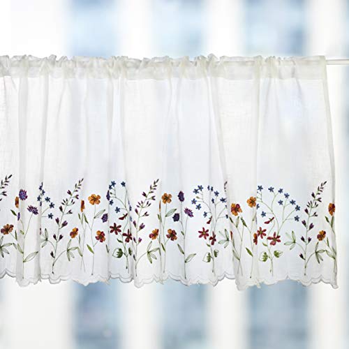 yurlisa 027 Floral Embroidery Pastoral Style Valance, White Sheer Flowers Valances,Window Treatment for Kitchen,W60XL18 inch (Wild Flower) - Image 1