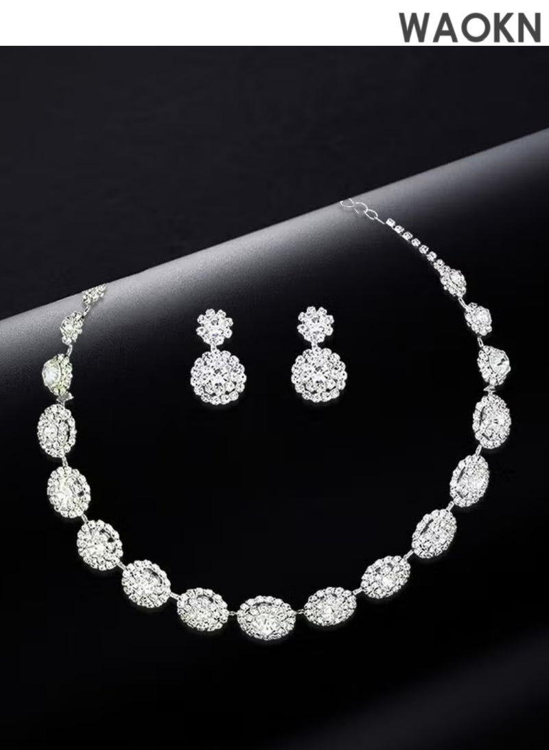 WAOKN 2 Piece Jewelry Set of Necklace and Earrings Shiny Round Diamond Chic Rhinestone Decor Jewellery Set for Women Ladies Gift for Girlfriend Wife Mother Bridesmaids Wedding Party Accessories - Image 2
