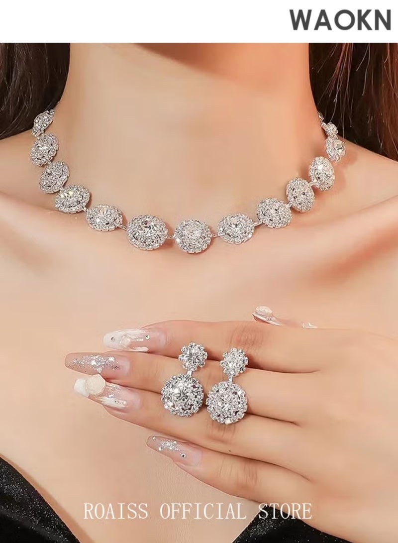 WAOKN 2 Piece Jewelry Set of Necklace and Earrings Shiny Round Diamond Chic Rhinestone Decor Jewellery Set for Women Ladies Gift for Girlfriend Wife Mother Bridesmaids Wedding Party Accessories - Image 3