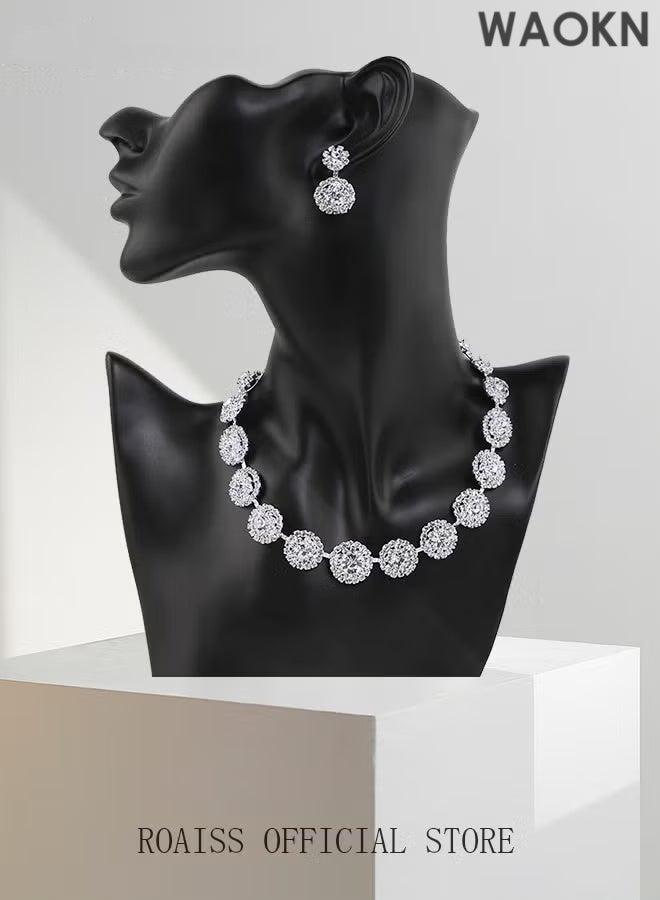 WAOKN 2 Piece Jewelry Set of Necklace and Earrings Shiny Round Diamond Chic Rhinestone Decor Jewellery Set for Women Ladies Gift for Girlfriend Wife Mother Bridesmaids Wedding Party Accessories - Image 4