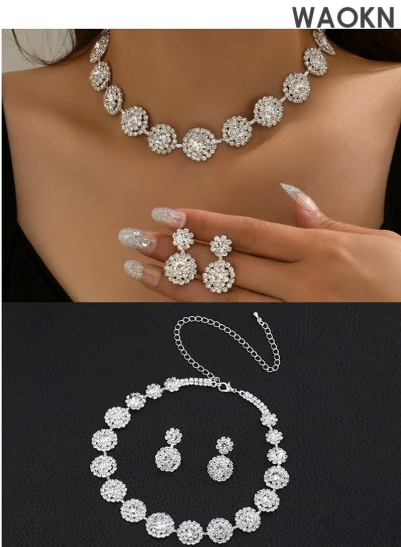 WAOKN 2 Piece Jewelry Set of Necklace and Earrings Shiny Round Diamond Chic Rhinestone Decor Jewellery Set for Women Ladies Gift for Girlfriend Wife Mother Bridesmaids Wedding Party Accessories - Image 1