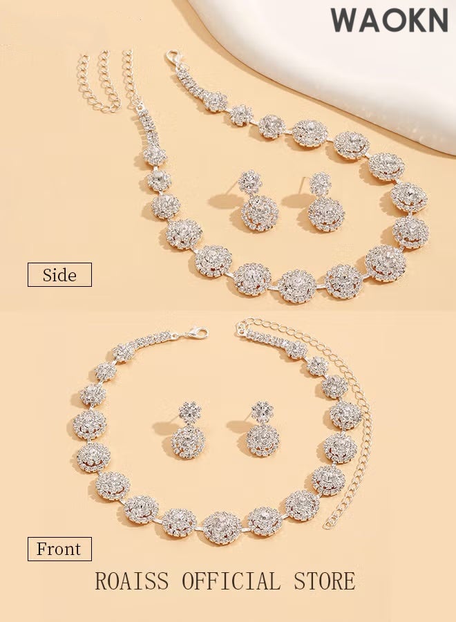 WAOKN 2 Piece Jewelry Set of Necklace and Earrings Shiny Round Diamond Chic Rhinestone Decor Jewellery Set for Women Ladies Gift for Girlfriend Wife Mother Bridesmaids Wedding Party Accessories - Image 5