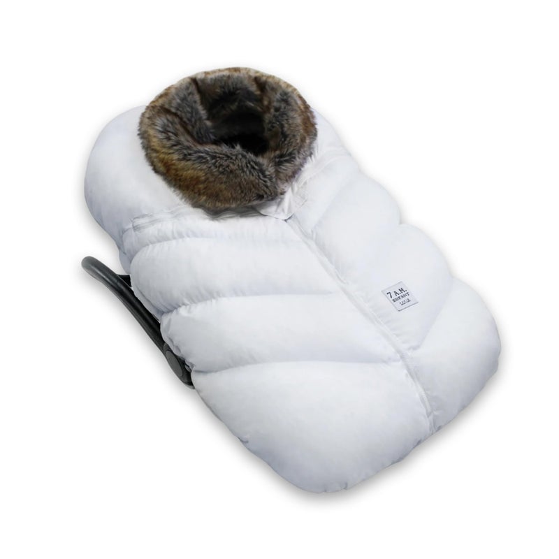 7 A.M. 7AM Enfant Car Seat Covers - Cocoon Baby Cover for Boys & Girls, Rain & Snow Repellent, Breathable Windproof, Center Zipper, Universal Fit for Infant Car Seat (0-12M) (White Faux Fur) - Image 1