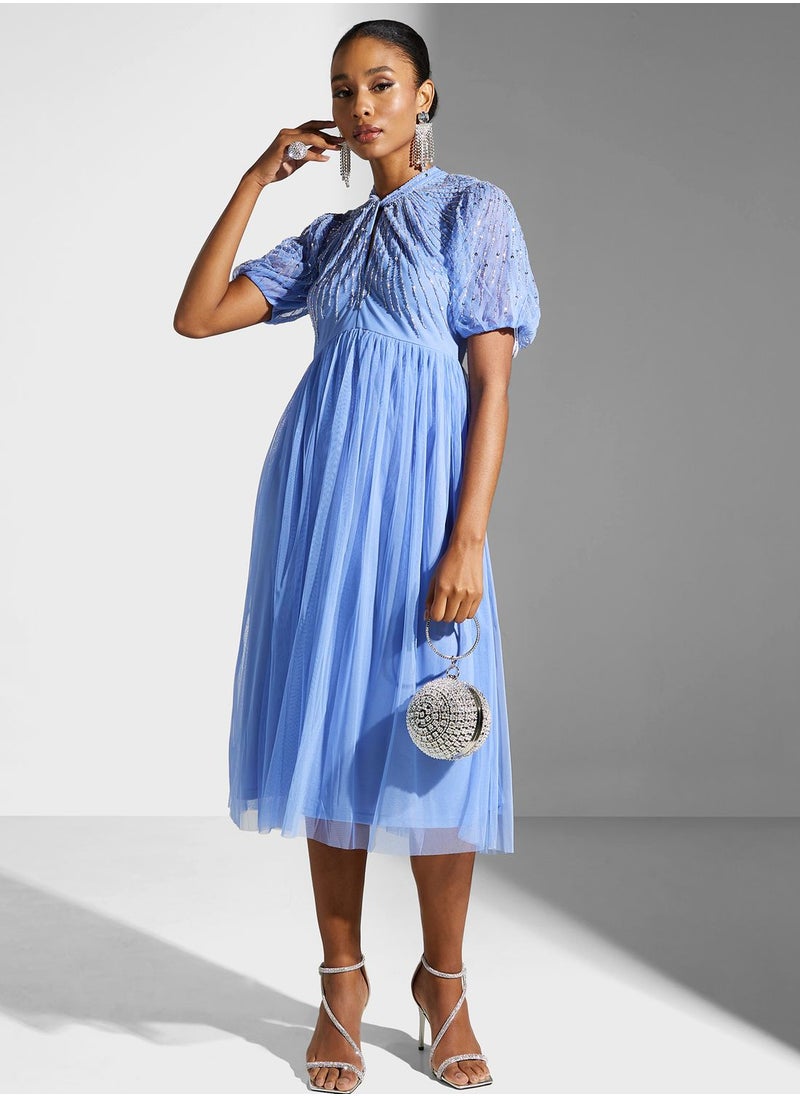 Amelia Rose - Puff Sleeve Cut Out Detail Dress - Image 1