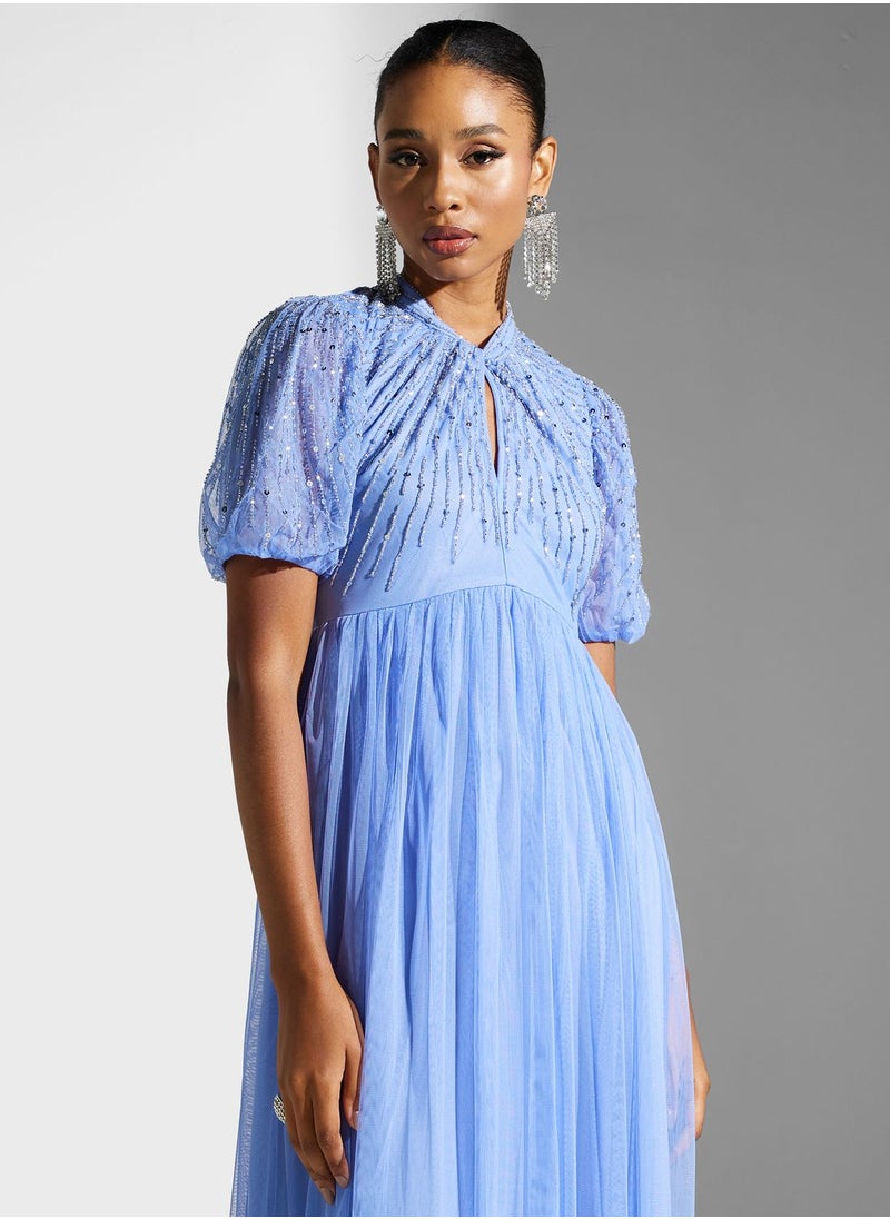 Amelia Rose - Puff Sleeve Cut Out Detail Dress - Image 1