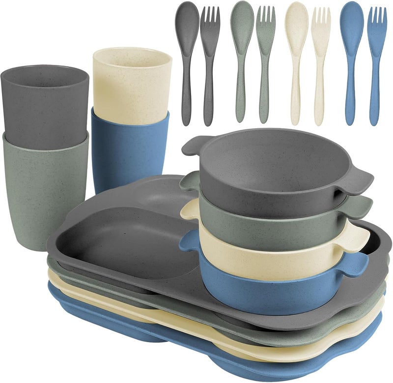 shopwithgreen shopwithgreen Wheat Straw Dinnerware Cutlery Set 20 PCS Kids Toddlers Divided Plates and Bowls Sets Microwave Unbreakable Tableware Spoon Knife Cup Dishwasher Safe for Kitchen Picnic School  - Image 1