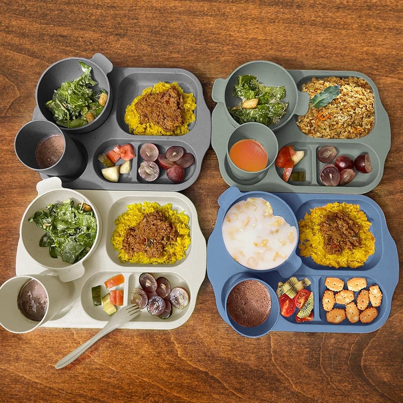 shopwithgreen shopwithgreen Wheat Straw Dinnerware Cutlery Set 20 PCS Kids Toddlers Divided Plates and Bowls Sets Microwave Unbreakable Tableware Spoon Knife Cup Dishwasher Safe for Kitchen Picnic School  - Image 4