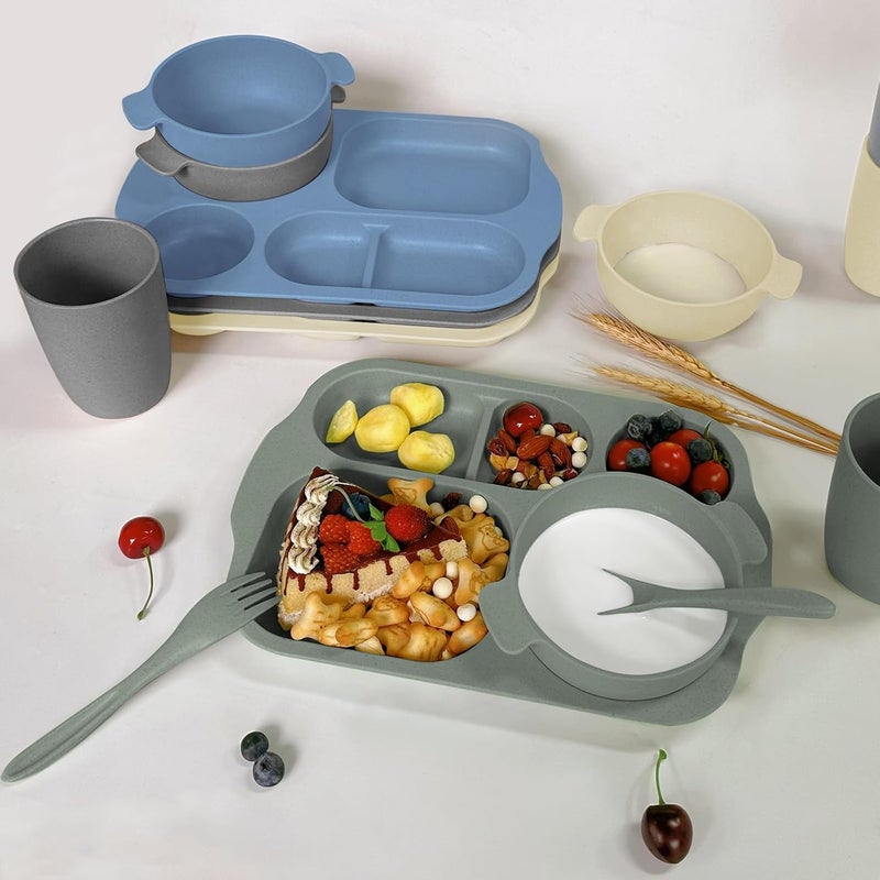 shopwithgreen shopwithgreen Wheat Straw Dinnerware Cutlery Set 20 PCS Kids Toddlers Divided Plates and Bowls Sets Microwave Unbreakable Tableware Spoon Knife Cup Dishwasher Safe for Kitchen Picnic School  - Image 3