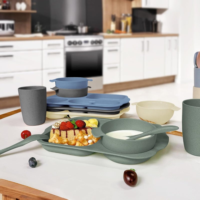 shopwithgreen shopwithgreen Wheat Straw Dinnerware Cutlery Set 20 PCS Kids Toddlers Divided Plates and Bowls Sets Microwave Unbreakable Tableware Spoon Knife Cup Dishwasher Safe for Kitchen Picnic School  - Image 5