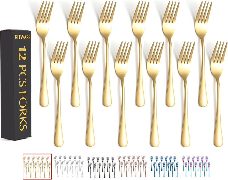 KITWARE 12 Pieces Gold Salad Forks Set, Stainless Steel Flatware Utensils, Home & Kitchen Metal Cutlery Set, Heavy Duty Silverware Small Forks 6.8 Inch, New Appartment Essential Tableware - Image 1
