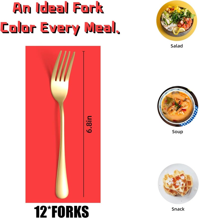 KITWARE 12 Pieces Gold Salad Forks Set, Stainless Steel Flatware Utensils, Home & Kitchen Metal Cutlery Set, Heavy Duty Silverware Small Forks 6.8 Inch, New Appartment Essential Tableware - Image 2