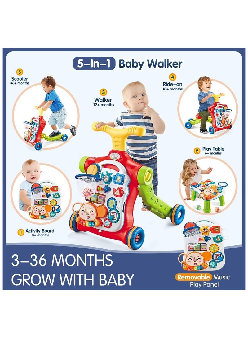 Baby Walker 5 in 1, Sit-to-Stand Learning Walker, Assemble as Scooter/Balance Bike/Push Walker/Activity Table/Detachable Panel,Push Walkers Toys with Music for Toddlers Infant Boys Girls - Image 2