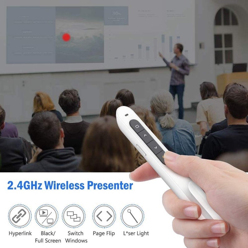 DinoFire Red Light Wireless Presenter, Powered by AAA (Not Included) Hyperlink Volume Control Presentation Clicker, RF 2.4GHz PowerPoint Clicker Presentation Remote Control Slide Clicker Advancer - Image 1