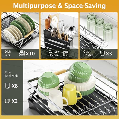 Epicano Dish Drying Rack for Kitchen Counter,Space-Saving Dish Rack,Rustproof Dish Drainer with Utensil Holder and Knife Slots for Sink,Kitchen Drying Rack with Wooden Handle and Cup Holder, Silver - Image 2