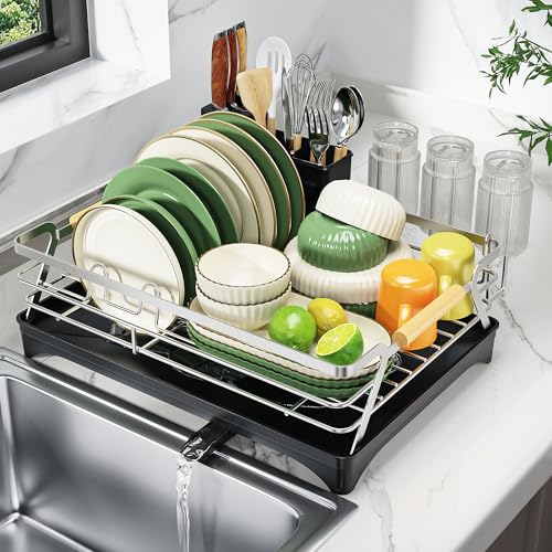 Epicano Dish Drying Rack for Kitchen Counter,Space-Saving Dish Rack,Rustproof Dish Drainer with Utensil Holder and Knife Slots for Sink,Kitchen Drying Rack with Wooden Handle and Cup Holder, Silver - Image 1
