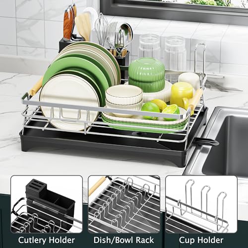 Epicano Dish Drying Rack for Kitchen Counter,Space-Saving Dish Rack,Rustproof Dish Drainer with Utensil Holder and Knife Slots for Sink,Kitchen Drying Rack with Wooden Handle and Cup Holder, Silver - Image 3