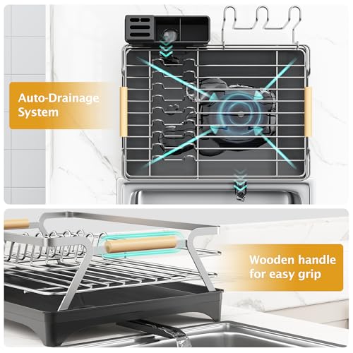 Epicano Dish Drying Rack for Kitchen Counter,Space-Saving Dish Rack,Rustproof Dish Drainer with Utensil Holder and Knife Slots for Sink,Kitchen Drying Rack with Wooden Handle and Cup Holder, Silver - Image 4