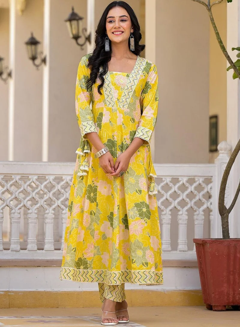 ISHIN Women's Multicolour 100% Cotton Embellished Regular Fit Kurta Set
