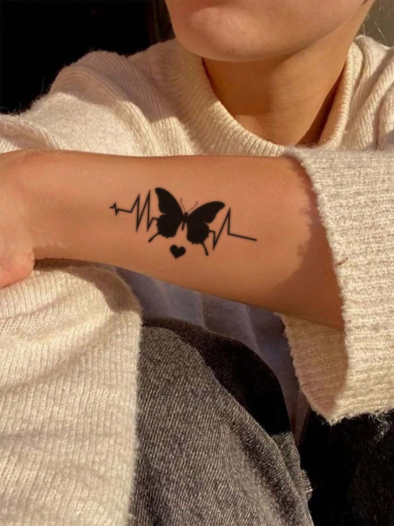 Temporary Tattoo Sticker with Black Butterfly and Heartbeat Design - 1pc