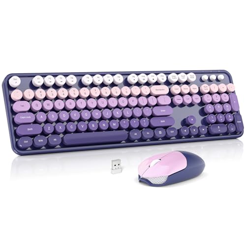MOWUX Wireless Keyboard and Mouse Combo, MOWUX Full Size Typewriter Retro Round Computer Keyboard, Cute Optical Mouse Wireless, Plug and Play, for Laptop, PC, Computer- Purple Gradient - Image 1