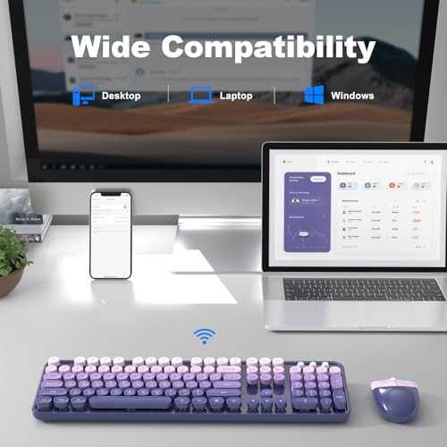MOWUX Wireless Keyboard and Mouse Combo, MOWUX Full Size Typewriter Retro Round Computer Keyboard, Cute Optical Mouse Wireless, Plug and Play, for Laptop, PC, Computer- Purple Gradient - Image 2