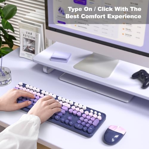 MOWUX Wireless Keyboard and Mouse Combo, MOWUX Full Size Typewriter Retro Round Computer Keyboard, Cute Optical Mouse Wireless, Plug and Play, for Laptop, PC, Computer- Purple Gradient - Image 5