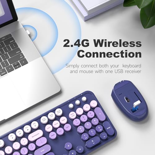 MOWUX Wireless Keyboard and Mouse Combo, MOWUX Full Size Typewriter Retro Round Computer Keyboard, Cute Optical Mouse Wireless, Plug and Play, for Laptop, PC, Computer- Purple Gradient - Image 3
