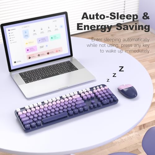 MOWUX Wireless Keyboard and Mouse Combo, MOWUX Full Size Typewriter Retro Round Computer Keyboard, Cute Optical Mouse Wireless, Plug and Play, for Laptop, PC, Computer- Purple Gradient - Image 4