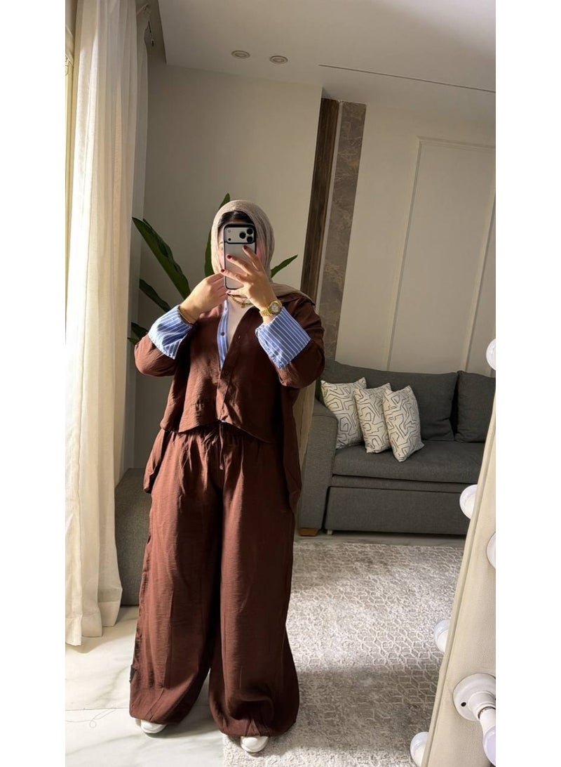 Women's Two-Piece Striped Casual Set: Layered Shirt with a Modern Design, Imported Treated Linen Fabric, Comfortable for Outings, University, and Travel, One Size Fits Up to 85 kg, Code 4078 - Image 5