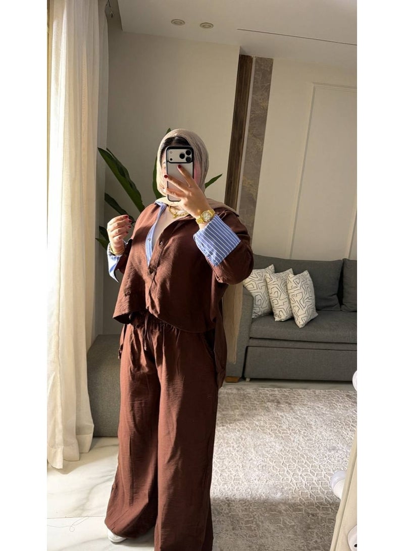 Women's Two-Piece Striped Casual Set: Layered Shirt with a Modern Design, Imported Treated Linen Fabric, Comfortable for Outings, University, and Travel, One Size Fits Up to 85 kg, Code 4078 - Image 2