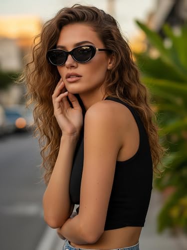 kimorn Retro Oval Sunglasses for Women 70s Small Chic Cat Eye Sun Glasses (Black/Gray) - Image 3