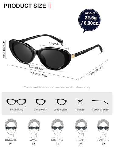 kimorn Retro Oval Sunglasses for Women 70s Small Chic Cat Eye Sun Glasses (Black/Gray) - Image 5