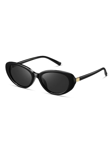 kimorn Retro Oval Sunglasses for Women 70s Small Chic Cat Eye Sun Glasses (Black/Gray) - Image 1