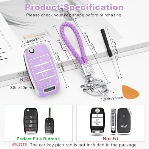 PIFOOG Key Fob Cover fit for Kia Soul Optima Sorento Sportage Rio Forte NIRO 4 Buttons Keys Case Shell Accessories Bling Car Keychain Full Protector Covers Purple Girly Women TPU - Image 2