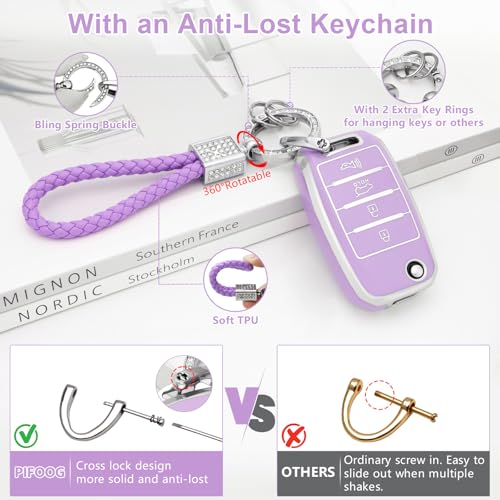 PIFOOG Key Fob Cover fit for Kia Soul Optima Sorento Sportage Rio Forte NIRO 4 Buttons Keys Case Shell Accessories Bling Car Keychain Full Protector Covers Purple Girly Women TPU - Image 5