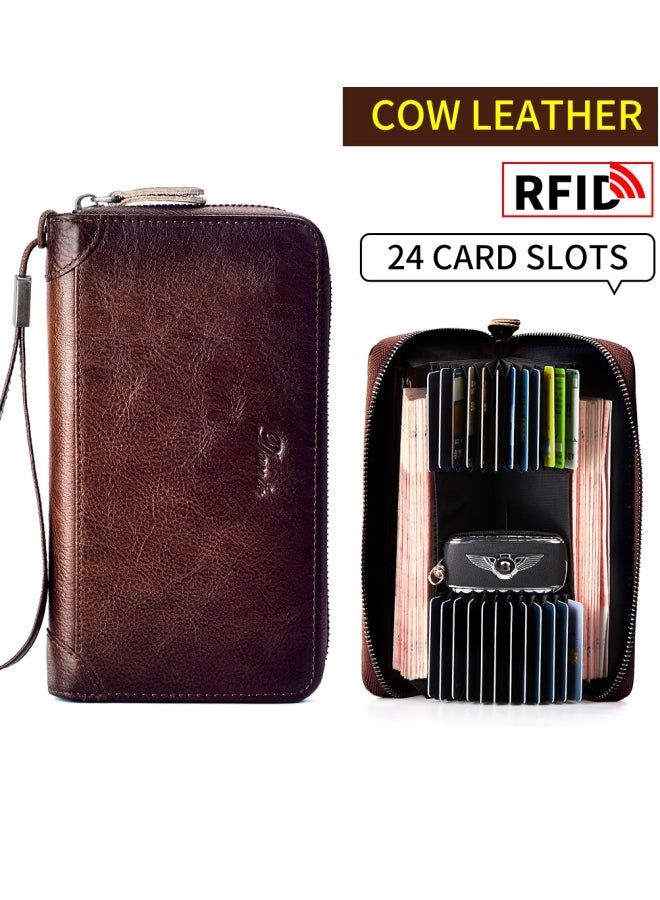 دانتي حقيبة يد رجالية بفرشاة RFID مضادة للسرقة ومحفظة طويلة من جلد البقر من الطبقة الأولى باللون البني - Image 1